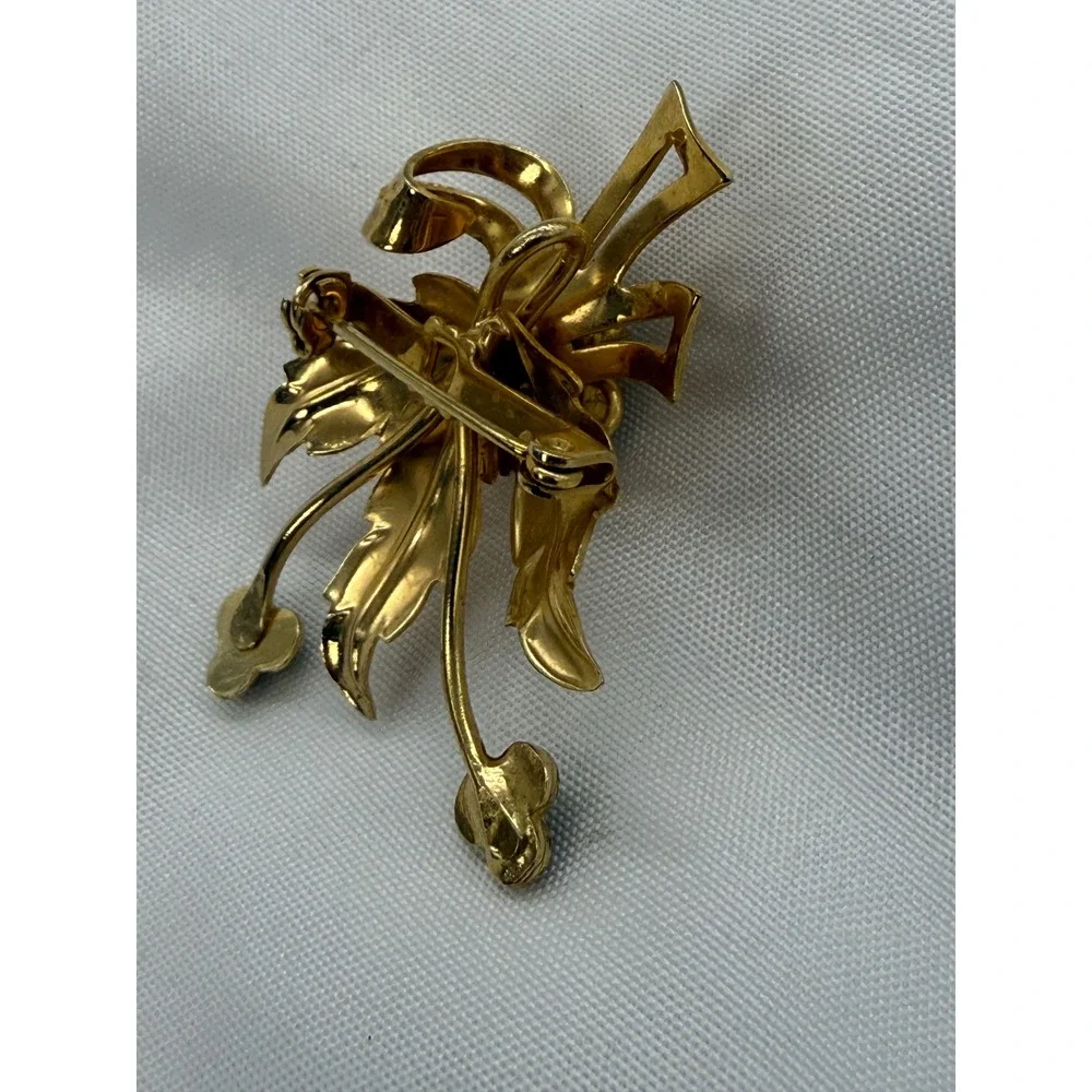 Vintage Feminine Green Rhinestone Floral Bow Brooch Pin Leaf Retro Statement